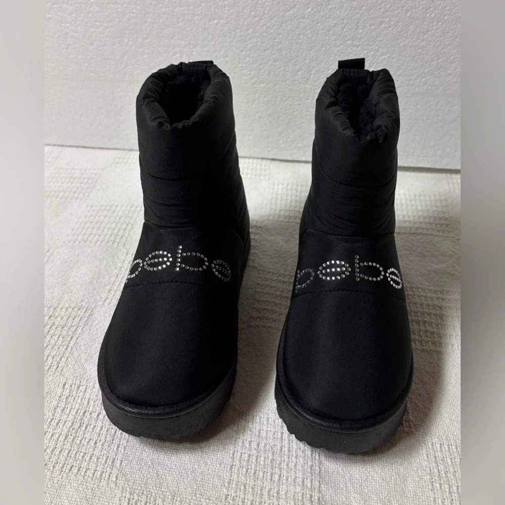 bebe Girls Black Puffer Winter Boots with Crystal Logo Sizes 1-2-3